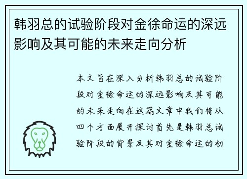 韩羽总的试验阶段对金徐命运的深远影响及其可能的未来走向分析